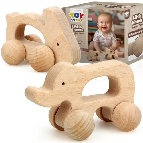 TOY Life Wooden Toys Cars, Montessori Toys for Babies 0-6-12 Months, Babies Bunny Rattle Cars for Toddlers 1-3, Wooden Baby Toys Gift 1 Year Old, Baby Boy Nursery Decor, Elephant & Rabbit Toy Car - 1
