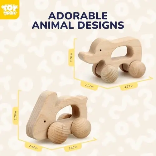 TOY Life Wooden Toys Cars, Montessori Toys for Babies 0-6-12 Months, Babies Bunny Rattle Cars for Toddlers 1-3, Wooden Baby Toys Gift 1 Year Old, Baby Boy Nursery Decor, Elephant & Rabbit Toy Car - 3