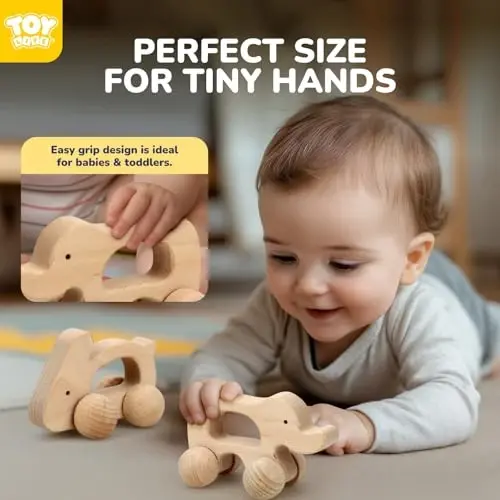 TOY Life Wooden Toys Cars, Montessori Toys for Babies 0-6-12 Months, Babies Bunny Rattle Cars for Toddlers 1-3, Wooden Baby Toys Gift 1 Year Old, Baby Boy Nursery Decor, Elephant & Rabbit Toy Car - 6