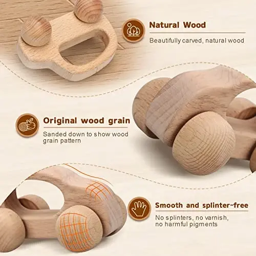 TOY Life Wooden Toys Cars, Montessori Toys for Babies 0-6-12 Months, Baby Rattle Toy Cars for Toddlers 1-3, Wooden Baby Toys for 1 + Year Old, Baby Boy Nursery Decor Natural Wood Rattle Baby Push Cars - 5