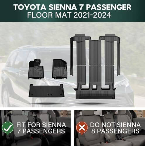 Toyota Sienna 2021-2024 (faqat zaxira shinalsiz 7 o'rinli uchun) bilan mos keladigan pol gilamlari va yuk xaltasi. TPE, barcha ob-havo sharoitlariga mos keladigan, Sienna 1-chi, 2-chi va 3-chi qator, magistral uchun maxsus o'lchamli pol qoplamasi. - 1