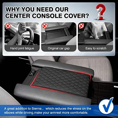 Autorder Center Console Cover for Toyota Sienna 2021-2025 2026 Accessories Memory Foam Armrest Cushion with Anti-Scratch Leather Protector Covers Black - 3