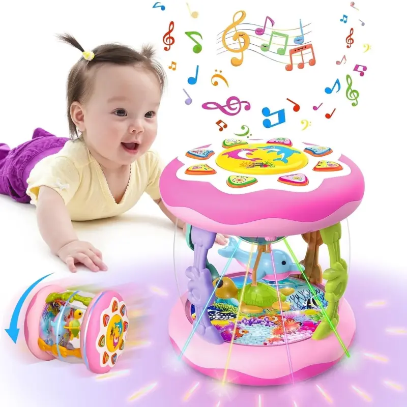 Toys for 1 Year Old Baby Girls, Ocean Rotating Light Up Musical Toy for Toddlers 1-3, Learning Toys for 1 2 3 Year Old Girls Boys (Pink) - SUORFOXS