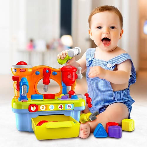 Toys for 1 Year Old Boy Birthday Gifts for Baby Boy Toy, Musical Learning Workbench Toy for Boys Kids Construction Work Bench Building Tools Sound Lights Engineering Pretend Play One Year Old Boy Toys - 2