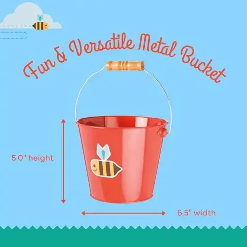 Toysmith Kids Gardening & Beach Bucket – 5″ Metal Pail with Grippable Handle | Assorted Bee & Beetle Colors | Durable Steel for Outdoor Play - 1 Count - 3