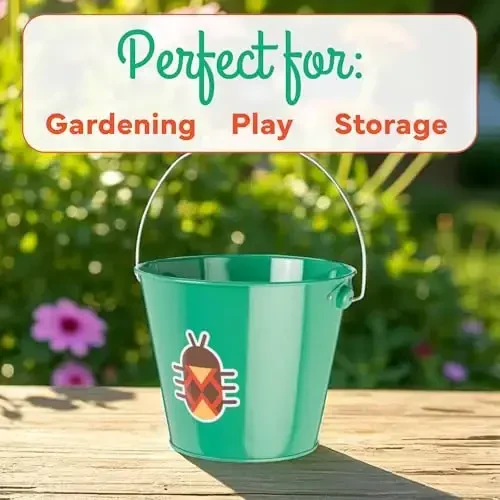 Toysmith Kids Gardening & Beach Bucket – 5″ Metal Pail with Grippable Handle | Assorted Bee & Beetle Colors | Durable Steel for Outdoor Play - 1 Count - 4