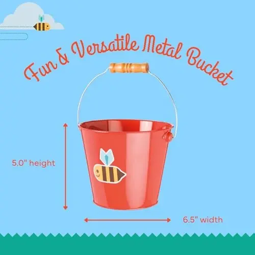Toysmith Kids Gardening & Beach Bucket – 5″ Metal Pail with Grippable Handle | Assorted Bee & Beetle Colors | Durable Steel for Outdoor Play - 1 Count - 3