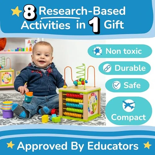 Wooden Kids Baby Activity Cube - Boys Gift Set | One 1, 2 Year Old Boy Gifts Toys | Developmental Toddler Educational Learning Boy Toys 12-18 Months | Bead Maze, First Birthday Gift - Wooden (1)