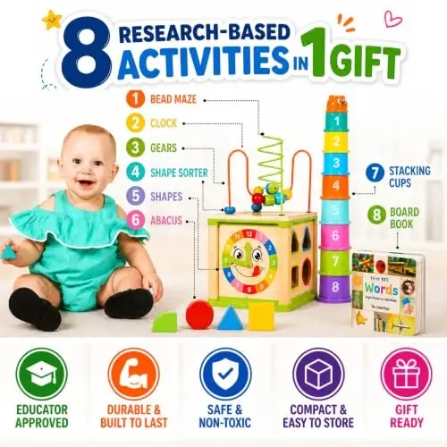 Wooden Activity Cube for 1 Year Old - 1 Year Old Boy Gifts - 1 Year Old Boy Toys - Educational Toys for 1 Year Old - Busy Cube with Bead Maze Toy - Baby Stacking Cups & Board Book - Blue Gift Box - 1