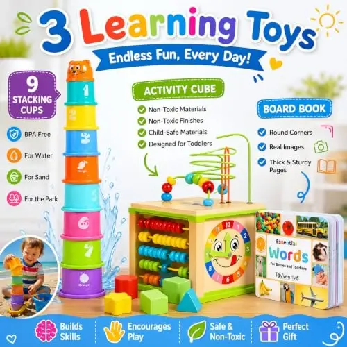 Wooden Activity Cube for 1 Year Old - 1 Year Old Boy Gifts - 1 Year Old Boy Toys - Educational Toys for 1 Year Old - Busy Cube with Bead Maze Toy - Baby Stacking Cups & Board Book - Blue Gift Box - WOODEN (1)
