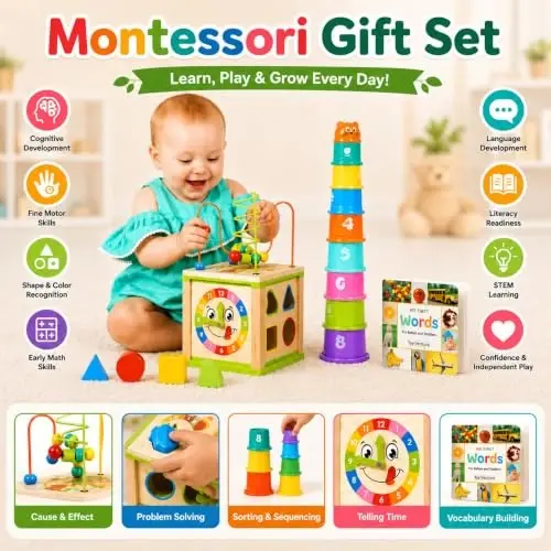 Wooden Activity Cube for 1 Year Old - 1 Year Old Boy Gifts - 1 Year Old Boy Toys - Educational Toys for 1 Year Old - Busy Cube with Bead Maze Toy - Baby Stacking Cups & Board Book - Blue Gift Box - 3