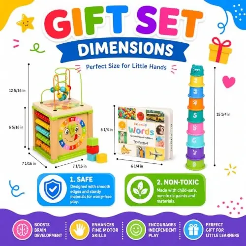 Wooden Activity Cube for 1 Year Old - 1 Year Old Boy Gifts - 1 Year Old Boy Toys - Educational Toys for 1 Year Old - Busy Cube with Bead Maze Toy - Baby Stacking Cups & Board Book - Blue Gift Box - 4