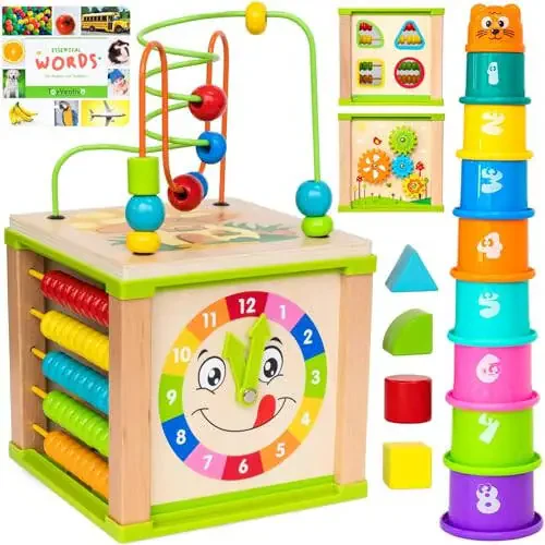 TOYVENTIVE Wooden Activity Cube, Montessori Toys, Multipurpose Educational Sensory Toy for 1-2 Year Old Baby, Toddler, Kid, Boy | Birthday Gift | Bonus First Words Book - 1