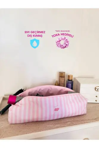 Toz Pembe Çizgili Saç Düzleştirici Çantası Sıvı Geçirmez Airwrap Airstrait Uyumlu Seyahat Çantası-Toz Pembe Çizgili - 1