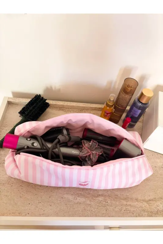 Toz Pembe Çizgili Saç Düzleştirici Çantası Sıvı Geçirmez Airwrap Airstrait Uyumlu Seyahat Çantası-Toz Pembe Çizgili - 2