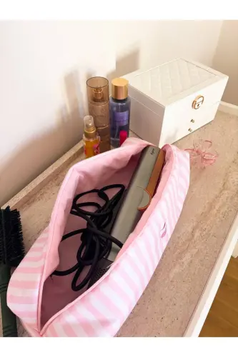 Toz Pembe Çizgili Saç Düzleştirici Çantası Sıvı Geçirmez Airwrap Airstrait Uyumlu Seyahat Çantası-Toz Pembe Çizgili - 3