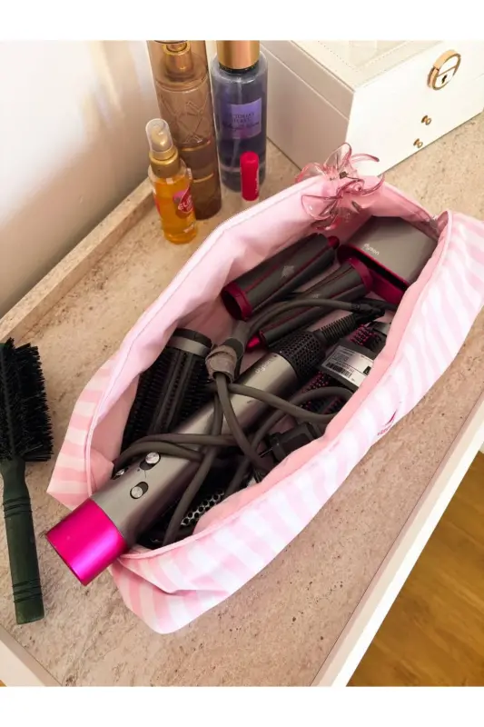 Toz Pembe Çizgili Saç Düzleştirici Çantası Sıvı Geçirmez Airwrap Airstrait Uyumlu Seyahat Çantası-Toz Pembe Çizgili - 5