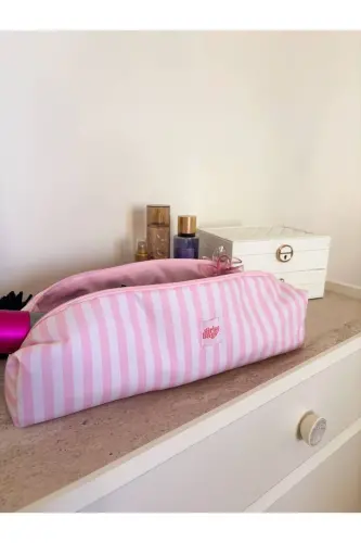 Toz Pembe Çizgili Saç Düzleştirici Çantası Sıvı Geçirmez Airwrap Airstrait Uyumlu Seyahat Çantası-Toz Pembe Çizgili - 6