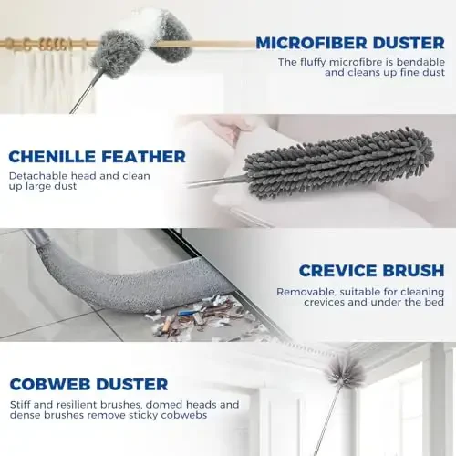 Tozalash uchun 4 dona chang yutgich, 2 tasi 1 da Mikrofiber chang yutgich va 1 dona mikrofiber chang yutgichli tortib olinadigan tirqish chang tozalagich, Ship foniy tozalash uchun uzun tutqichli 30-100 dyuymli uzaytma ustuni - 4