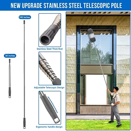 Tozalash uchun supurgilar, tortiladigan mikrofiberli tirqishlarni tozalash vositasi, uzaytiriladigan ustunli 30'' dan 100'' gacha, qayta ishlatiladigan egiluvchan uzun tutqichli patli supurgi to'plami baland shiftli ventilyator, mebel, deraza pardalari, mashinani tozalash uchun - 3