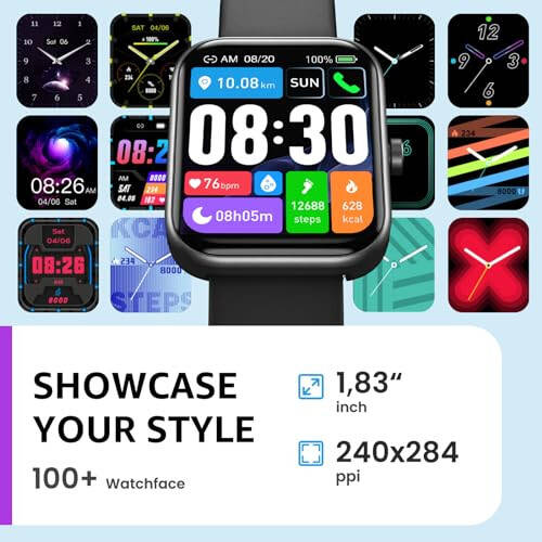 TOZO 2024 Erkaklar va Ayollar uchun iPhone va Android uchun Yangilangan Aqlli Soat, 1.83'' Fitness Tracker Bluetooth qo'ng'iroq [Javob/Qilish], Yurak urish tezligi/SpO2/Uyqu monitori bilan IP68 suv o'tkazmaydigan, 100+ Sport rejimi - 8