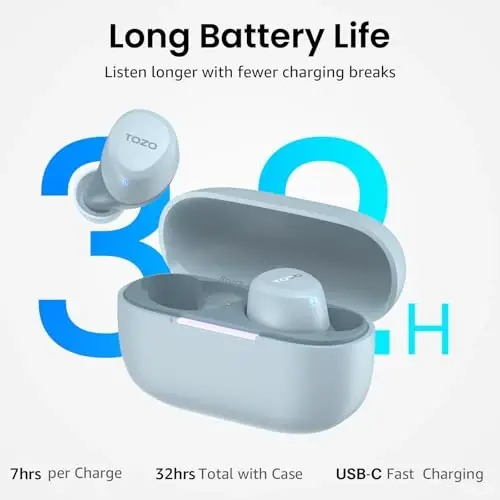 TOZO A1 Mini Wireless Earbuds Bluetooth 5.3 in Ear Light-Weight Headphones Built-in Microphone, IPX5 Waterproof, Immersive Premium Sound Long Distance Connection Headset with Charging Case, Blue - 5