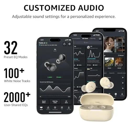TOZO A1 Simsiz Quloqchinlar Bluetooth 5.3 Yengil vaznli quloq ichiga IPX5 suv o'tkazmaydigan naushniklar AI qo'ng'iroqlari uchun 2 mikrofon, Immersiv Premium Sound Bass гарнитура zaryadlash qutisi bilan, ilova orqali 32 ta oldindan o'rnatilgan EQ sozlamalari - 5