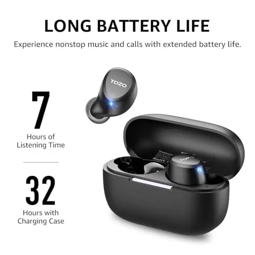 TOZO A1 Simsiz quloqchinlar Bluetooth 5.3 Yengil vaznli quloq ichiga IPX5 suv o'tkazmaydigan naushniklar AI qo'ng'iroqlari uchun 2 mikrofon, Immersiv Premium Sound Bass гарнитураси zaryadlash qutisi bilan, ilova orqali 32 ta oldindan o'rnatilgan EQ sozlamalari - 5