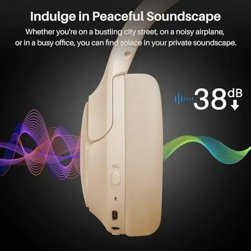 TOZO HT2 Gibrid Faol shovqinni bekor qiluvchi naushniklar, simsiz quloq ustidagi Bluetooth garniturasi, 60 soatlik musiqa, Hi-Res Audio Maxsus EQ ilovasi orqali chuqur basli qulay quloqchinlar, uy ofisi uchun sayohat xaki - 2