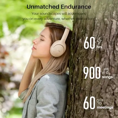 TOZO HT2 Gibrid Faol shovqinni bekor qiluvchi naushniklar, simsiz quloq ustidagi Bluetooth garniturasi, 60 soatlik musiqa, Hi-Res Audio Maxsus EQ ilovasi orqali chuqur basli qulay quloqchinlar, uy ofisi uchun sayohat xaki - 4