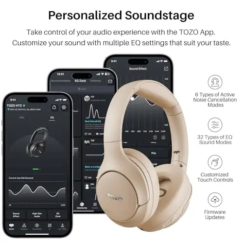 TOZO HT2 Gibrid Faol shovqinni bekor qiluvchi naushniklar, simsiz quloq ustidagi Bluetooth garniturasi, 60 soatlik musiqa, Hi-Res Audio Maxsus EQ ilovasi orqali chuqur basli qulay quloqchinlar, uy ofisi uchun sayohat xaki - 5