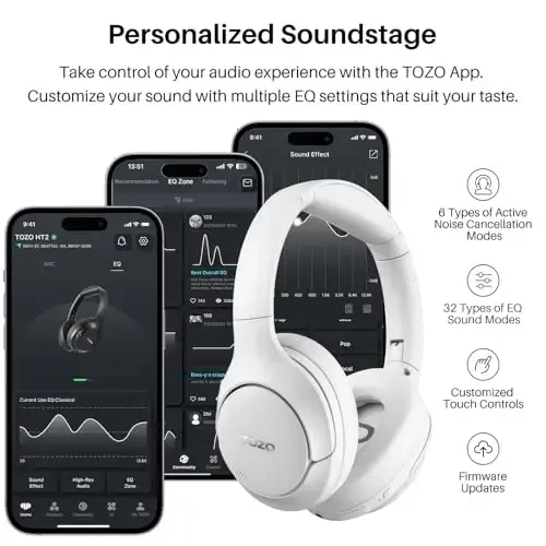 TOZO HT2 Gibrid Faol shovqinni bekor qiluvchi quloqchinlar, simsiz quloq usti Bluetooth garniturasi, 60 soatlik ish vaqti, yuqori aniqlikdagi audio sozlanishi EQ ilovasi orqali chuqur bass qulay quloqchinlar, uy ofisi sayohati uchun oq - 4