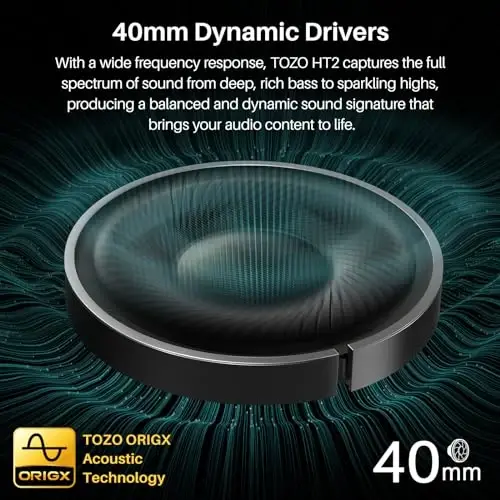 TOZO HT2 Gibrid Faol Shovqinni Bostiruvchi Quloqchinlar, Simsiz Quloq Ustida Bluetooth Quloqchinlar, 60 soat o'ynash vaqti, Yuqori aniqlikdagi audio Ilova orqali maxsus EQ chuqur bas qulay o'tirishli quloqchinlar, Uy ofis Safarlar uchun - 2