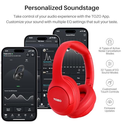 TOZO HT2 Hybrid Active Noise Cancelling Headphones, Wireless Over Ear Bluetooth Headset, 60H Playtime, Hi-Res Audio Custom EQ via App Deep Bass Comfort Fit Ear Cups, for Home Office Travel Red - 6