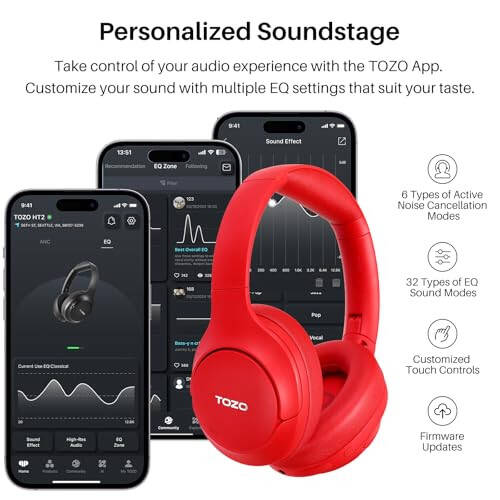 TOZO HT2 Hybrid Active Noise Cancelling Headphones, Wireless Over Ear Bluetooth Headset, 60H Playtime, Hi-Res Audio Custom EQ via App Deep Bass Comfort Fit Ear Cups, for Home Office Travel Red - 6