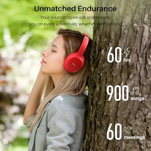 TOZO HT2 Hybrid Active Noise Cancelling Headphones, Wireless Over Ear Bluetooth Headset, 60H Playtime, Hi-Res Audio Custom EQ via App Deep Bass Comfort Fit Ear Cups, for Home Office Travel Red - 4