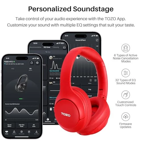 TOZO HT2 Hybrid Active Noise Cancelling Headphones, Wireless Over Ear Bluetooth Headset, 60H Playtime, Hi-Res Audio Custom EQ via App Deep Bass Comfort Fit Ear Cups, for Home Office Travel Red - 6