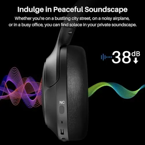 TOZO HT2 Hybrid Active Noise Cancelling Headphones, Wireless Over Ear Bluetooth Headset, 60H Playtime, Hi-Res Audio Custom EQ via App Deep Bass Comfort Fit Ear Cups, for Home Office Travel Black - 1