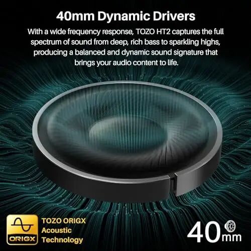 TOZO Hybrid Active Noise Cancelling Headphones, Wireless Over Ear Bluetooth Headset, 60H Playtime, Hi-Res Audio Custom EQ via App Deep Bass Comfort Fit Ear Cups, for Home Office Travel - 2