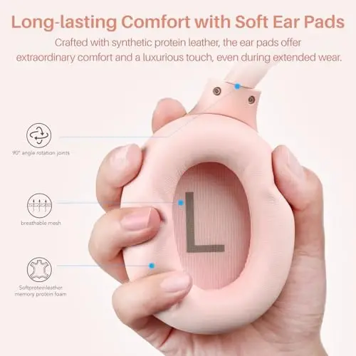 TOZO HT2 Hybrid Active Noise Cancelling Headphones, Wireless Over Ear Bluetooth Headset, 60H Playtime, Hi-Res Audio Custom EQ via App Deep Bass Comfort Fit Ear Cups, for Home Office Travel Pink - 5