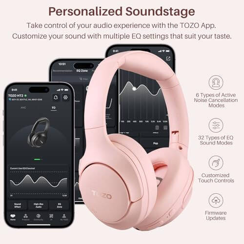 TOZO HT2 Hybrid Active Noise Cancelling Headphones, Wireless Over Ear Bluetooth Headphones, 60H Playtime, Hi-Res Audio Custom EQ via App Deep Bass Comfort Fit Ear Cups, for Home Office Travel Pink - 6