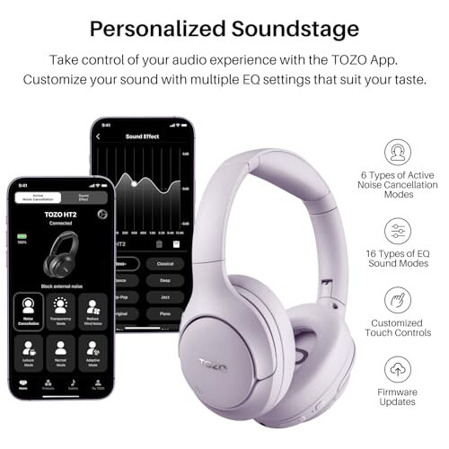 TOZO HT2 Hybrid Active Noise Cancelling Headphones, Wireless Over Ear Bluetooth Headphones, 60H Playtime, Hi-Res Audio Custom EQ via App Deep Bass Comfort Fit Ear Cups, for Home Office Travel Purple - 8