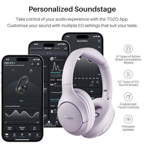 TOZO HT2 Hybrid Active Noise Cancelling Headphones, Wireless Over Ear Bluetooth Headphones, 60H Playtime, Hi-Res Audio Custom EQ via App Deep Bass Comfort Fit Ear Cups, for Home Office Travel Purple - 7