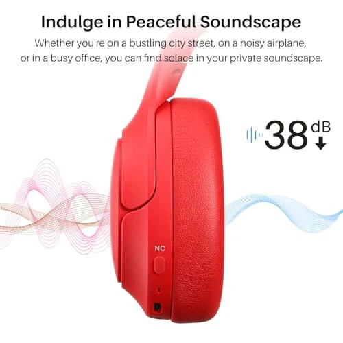 TOZO HT2 Hybrid Active Noise Cancelling Headphones, Wireless Over Ear Bluetooth Headphones, 60H Playtime, Hi-Res Audio Custom EQ via App Deep Bass Comfort Fit Ear Cups, for Home Office Travel Red - 3