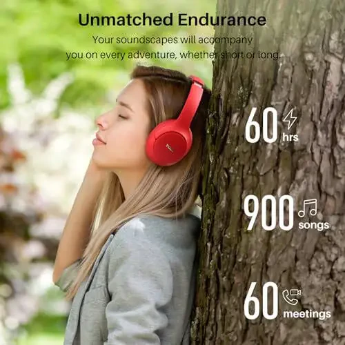 TOZO HT2 Hybrid Active Noise Cancelling Headphones, Wireless Over Ear Bluetooth Headphones, 60H Playtime, Hi-Res Audio Custom EQ via App Deep Bass Comfort Fit Ear Cups, for Home Office Travel Red - 5