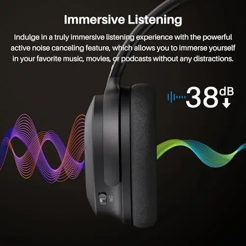 TOZO Hybrid Active Noise Cancelling Headphones, Wireless Over Ear Bluetooth Headset, 40H Playtime, Hi-Res Audio Custom EQ via App Deep Bass Comfort Fit Ear Cups, for Home Office Travel Black - 3
