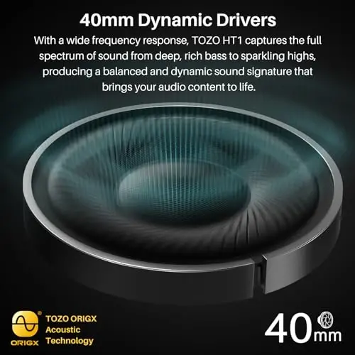 TOZO Hybrid Active Noise Cancelling Headphones, Wireless Over Ear Bluetooth Headset, 40H Playtime, Hi-Res Audio Custom EQ via App Deep Bass Comfort Fit Ear Cups, for Home Office Travel Black - 2