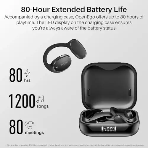TOZO OpenEgo Open Ear Earbuds Bluetooth Headphones, 80Hrs Playtime Wireless Earbuds with Earhooks, Digital Display, 32 EQ Modes, Clear Call, Comfortable Wear, Sweat-Proof for Running Workout Black - 4