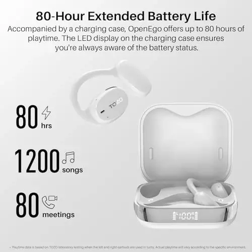 TOZO OpenEgo True Wireless Open Ear Headphone, 5.3 Bluetooth Sport Earbuds with Earhooks for 80H Playback with Digital Display, 32 EQ Modes Dual Mic Clear Call Sweat-Proof for Running, Snow White - 2