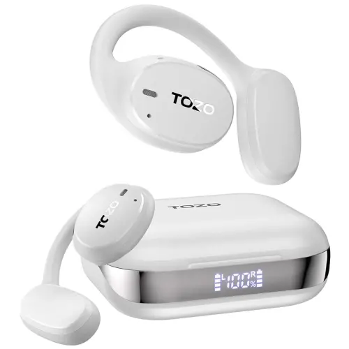 TOZO OpenEgo True Wireless Ochiq Quloq Eshitish vositasi, 5.3 Bluetooth Sport Quloqchinlari, 80 soatgacha raqamli displeyli, 32 EQ rejimi, qo'sh mikrofonli tiniq qo'ng'iroq, yugurish uchun terga chidamli, Snow White 